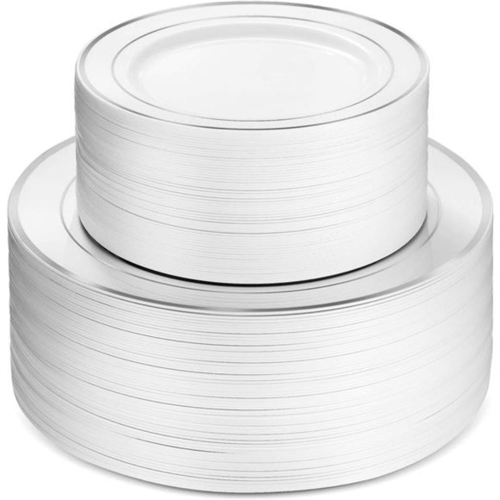 100 Piece Plastic Party Plates White Silver Rim,50 Premium Heavy Duty 10.25 Inch